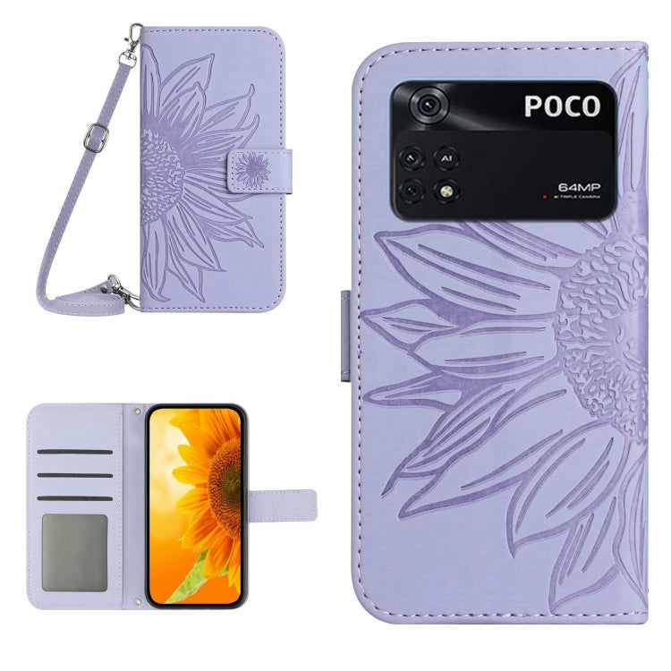 Sunflower patterned flip leather phone case with lanyard, light purple, POCO camera cutout