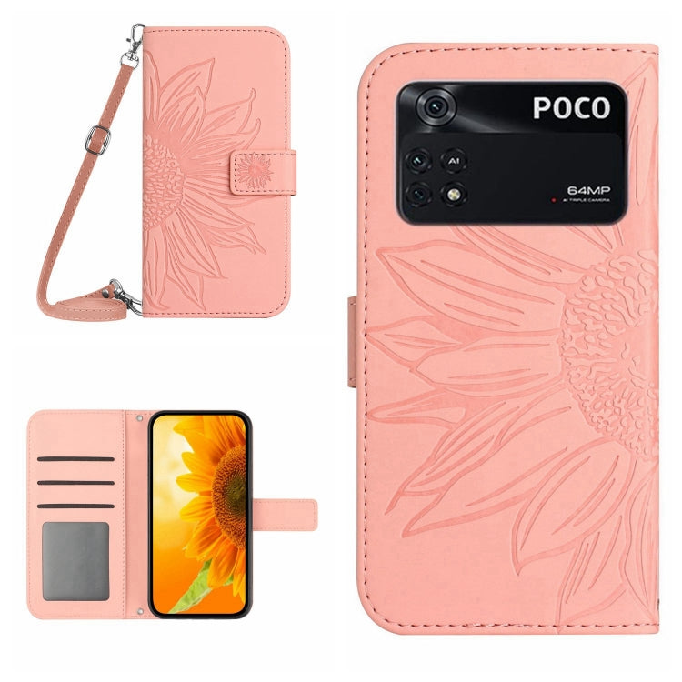 Sunflower patterned flip leather phone case with lanyard, light pink, POCO camera cutout