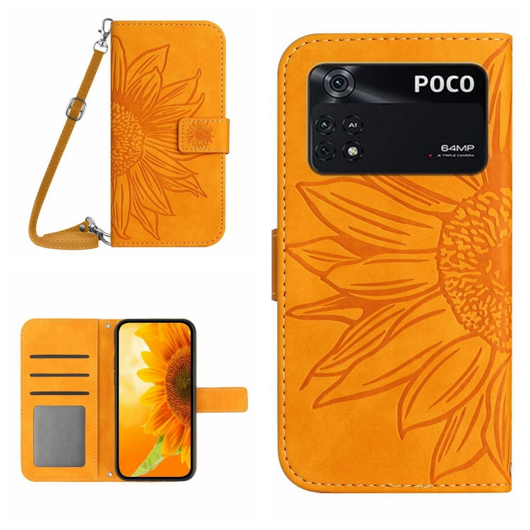 Sunflower flip leather phone case with lanyard strap, orange with card slot