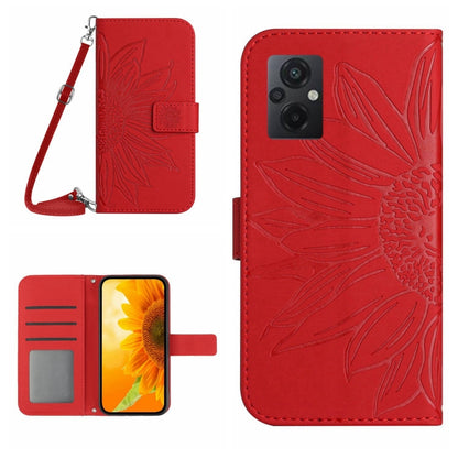 Sunflower flip leather phone case with lanyard strap, red with card slot