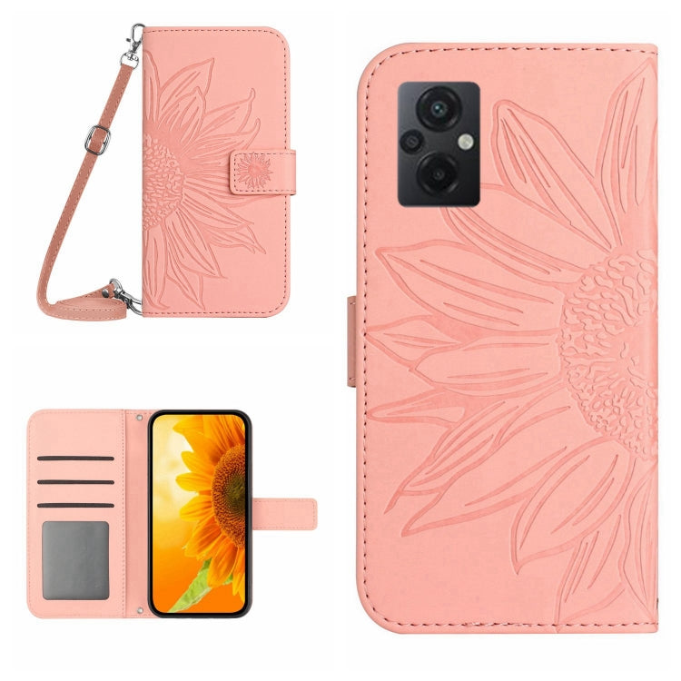 Sunflower flip leather phone case with lanyard strap, light pink with card slot