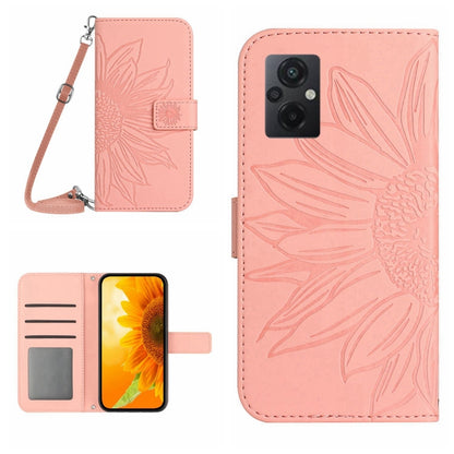 Sunflower flip leather phone case with lanyard strap, light pink with card slot