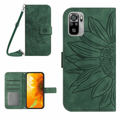 Dark green flip leather phone case with sunflower embossing and card slots; lanyard attached