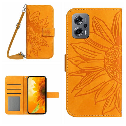Sunflower patterned flip leather phone case with lanyard, orange, card slot and back camera cutout