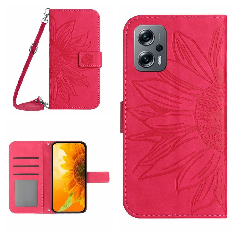 Sunflower patterned flip leather phone case with lanyard, pink, card slot and back camera cutout