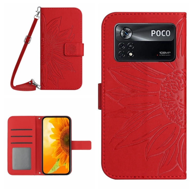 Sunflower patterned flip leather phone case with lanyard, red, POCO text and back camera cutout