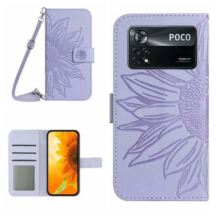 Sunflower patterned flip leather phone case with lanyard, lavender, POCO text and back camera cutout