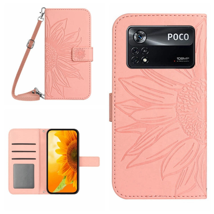 Sunflower patterned flip leather phone case with lanyard, light pink, POCO text and back camera cutout