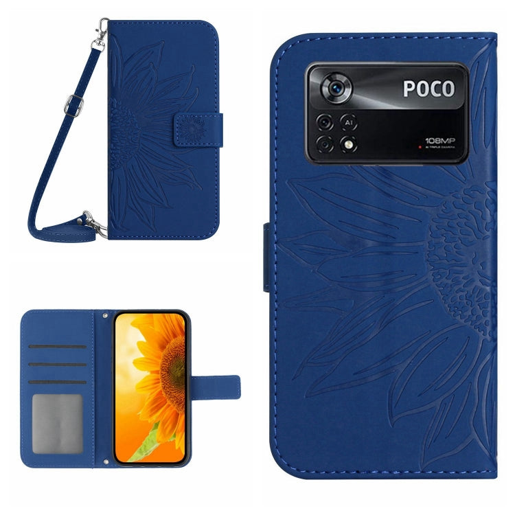 Sunflower patterned flip leather phone case with lanyard, blue, POCO text and back camera cutout