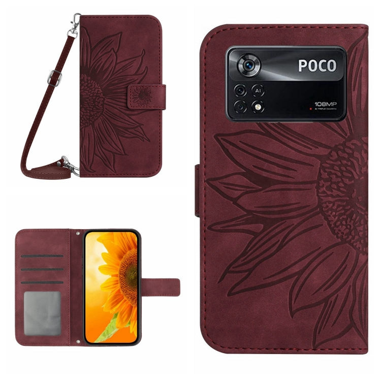 Sunflower patterned flip leather phone case with lanyard, wine red, POCO text and back camera cutout