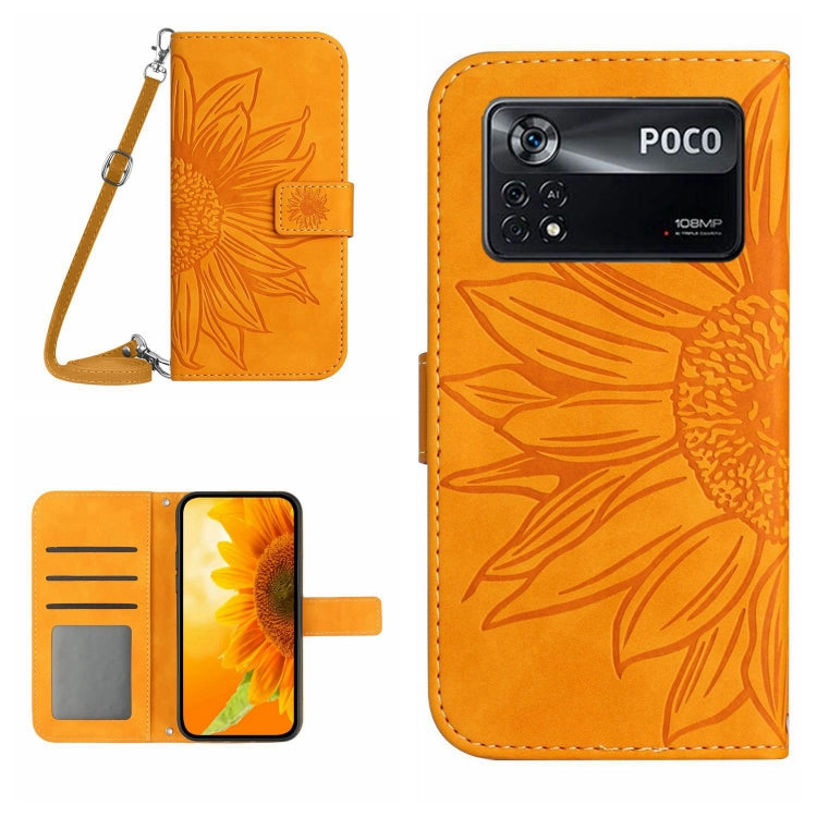 Flip leather phone case with lanyard, sunflower pattern, orange color