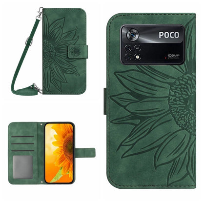 Flip leather phone case with lanyard, sunflower pattern, dark green