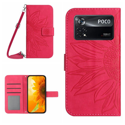 Flip leather phone case with lanyard, sunflower pattern, pink