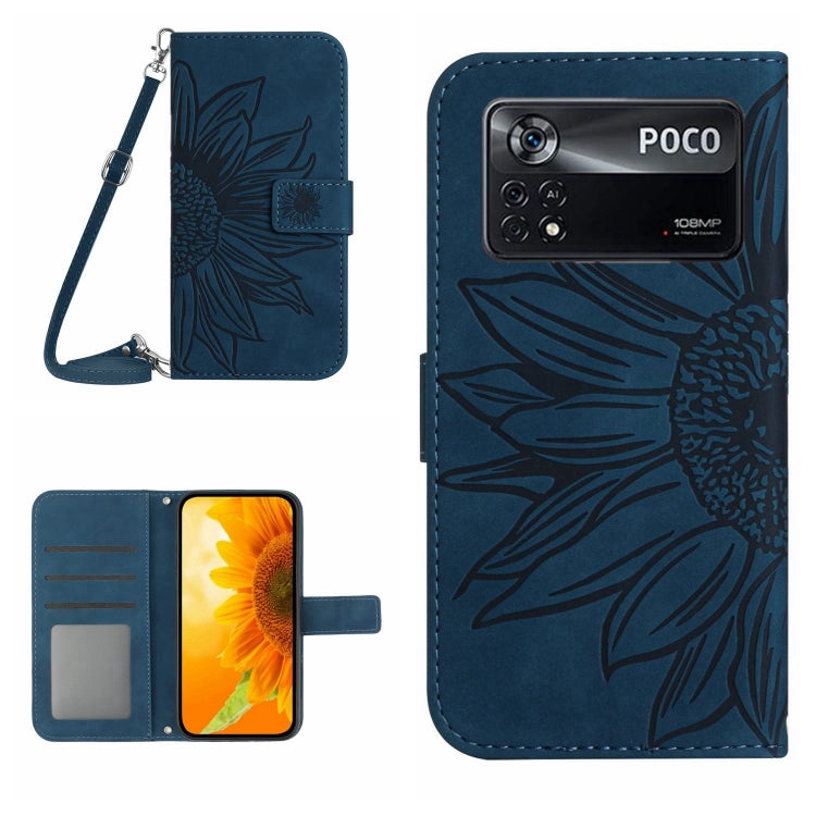 Flip leather phone case with lanyard, sunflower pattern, dark blue