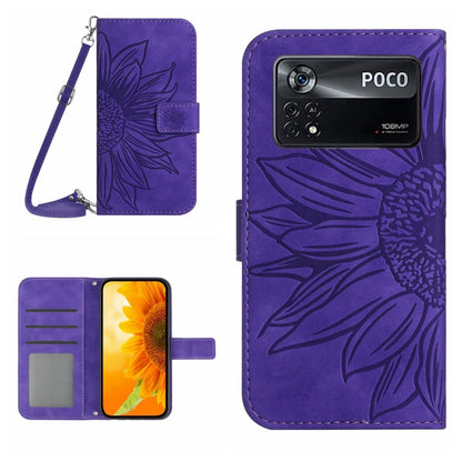 Flip leather phone case with lanyard, sunflower pattern, purple