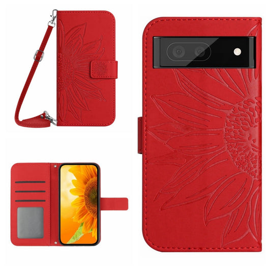 Red flip phone case with embossed flower pattern, lanyard strap, card slots