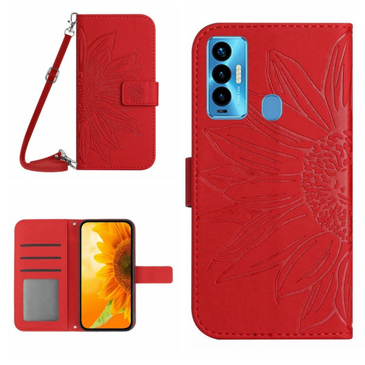 Red flip leather phone case with sunflower pattern, card slots, and wrist lanyard