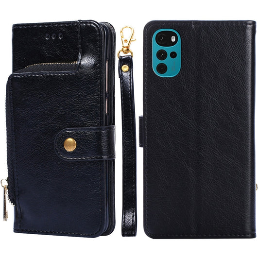 Black leather zipper phone wallet case with front card slot and gold-tone zipper pull