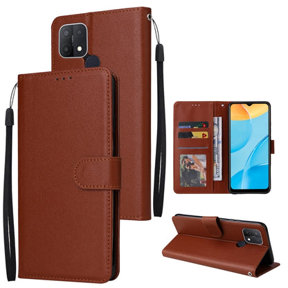 Brown leather horizontal flip phone case with three card slots and wrist strap