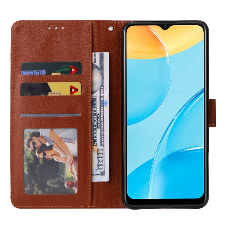 Brown leather wallet-style flip case opened to show card slots and stand cover