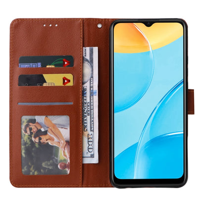 Brown leather wallet-style flip case opened to show card slots and stand cover