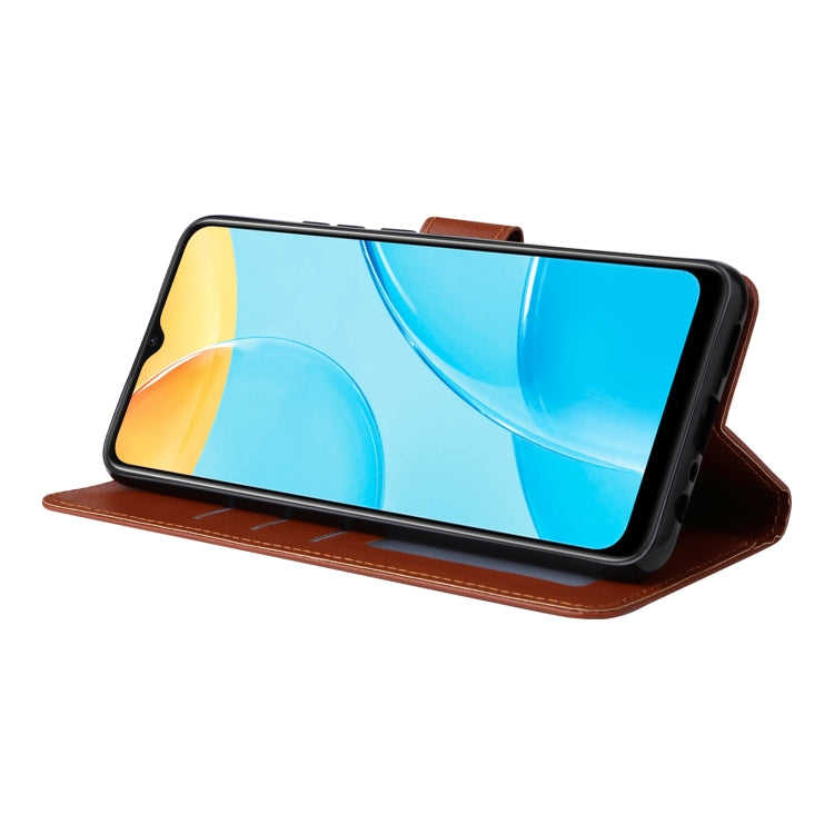 Brown leather flip phone case used as a landscape kickstand