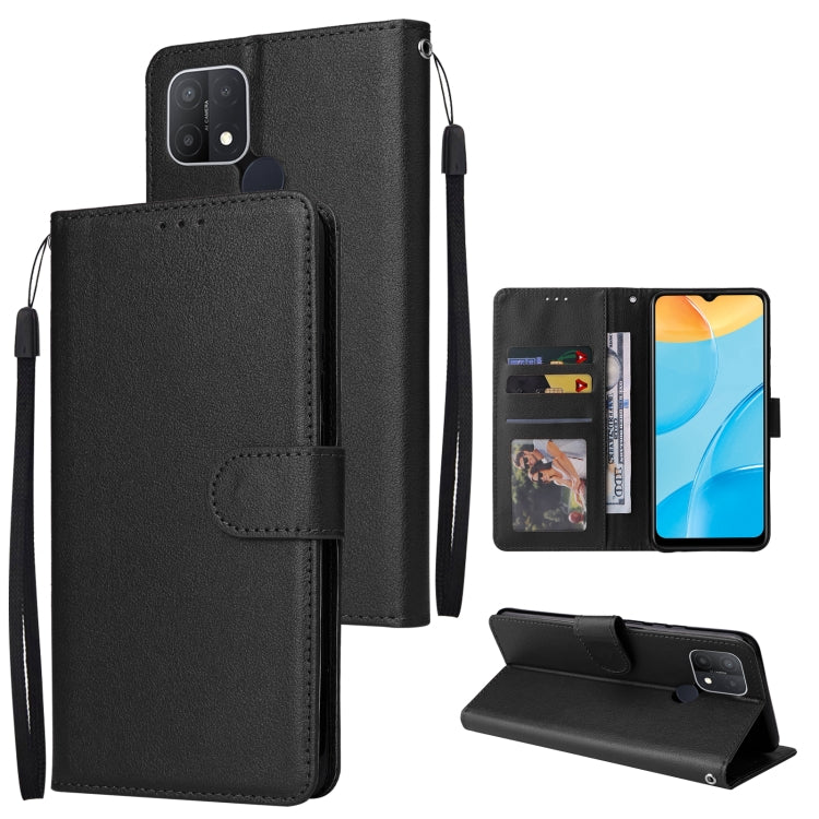 Black leather horizontal flip phone case with three card slots and wrist strap