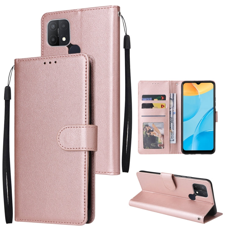 Rose gold leather horizontal flip phone case with three card slots and wrist strap
