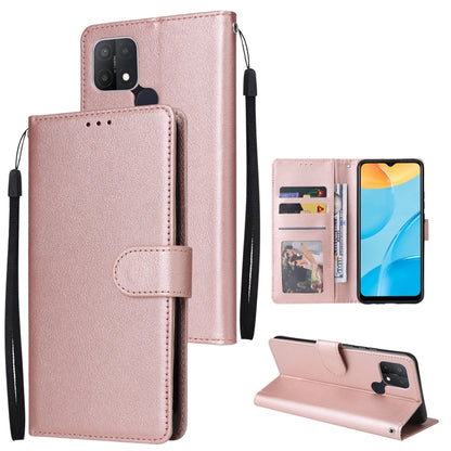 Rose gold leather horizontal flip phone case with three card slots and wrist strap