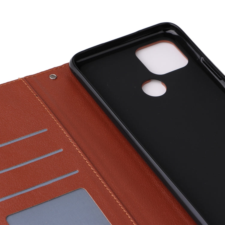 Brown leather flip phone case interior with card slots and visible phone back cover