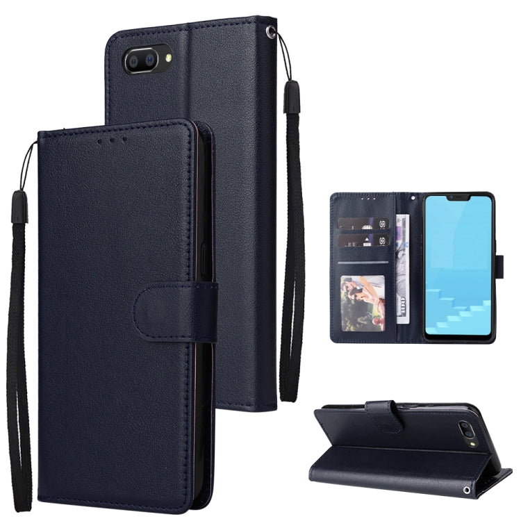 Dark blue horizontal flip leather phone case with 3 card slots and kickstand