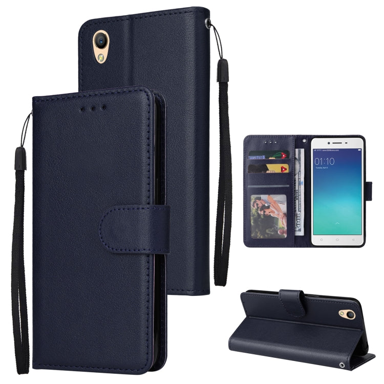 Navy blue leather wallet phone case with horizontal flip and three card slots, wrist strap