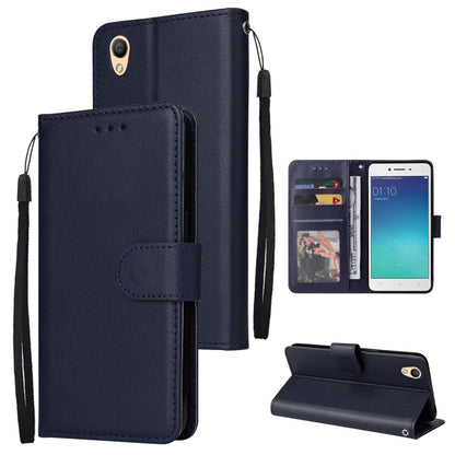 Navy blue leather wallet phone case with horizontal flip and three card slots, wrist strap