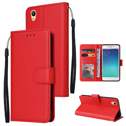Red leather wallet phone case with horizontal flip and three card slots, wrist strap