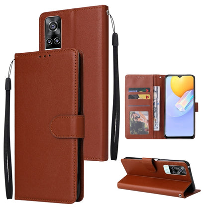 Brown leather wallet phone case with horizontal flip and three card slots, wrist strap