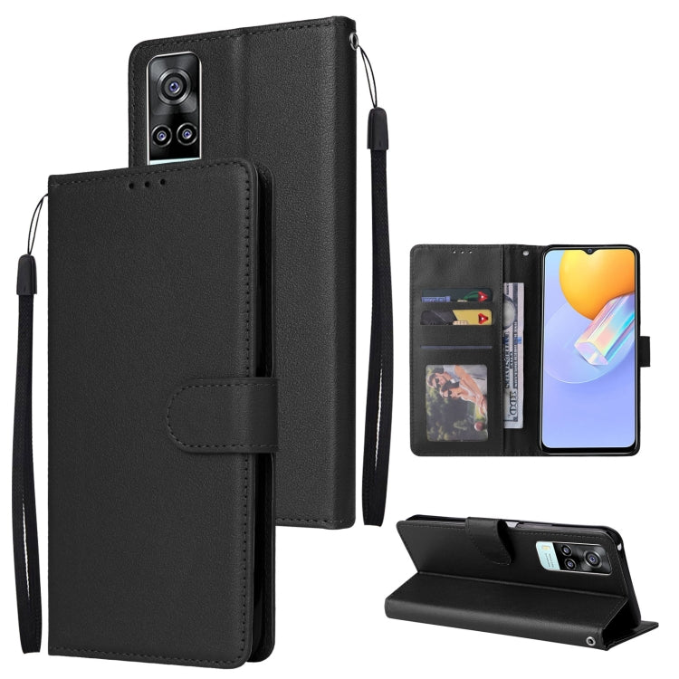 Black leather wallet phone case with horizontal flip and three card slots, wrist strap