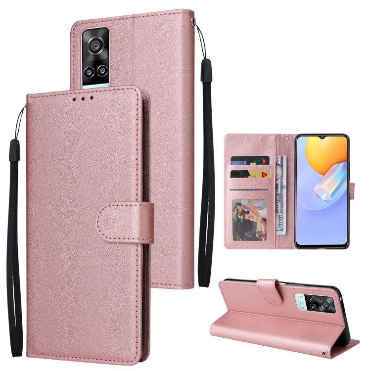 Rose pink leather wallet phone case with horizontal flip and three card slots, wrist strap