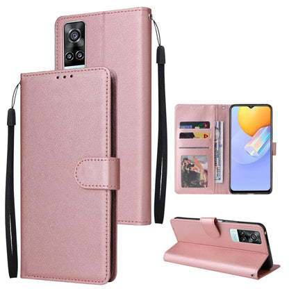 Rose pink leather wallet phone case with horizontal flip and three card slots, wrist strap