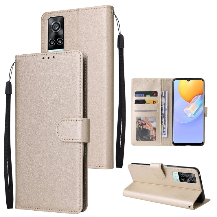Beige leather phone wallet case with three card slots, flip cover, and wrist strap