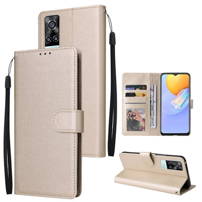 Beige leather phone wallet case with three card slots, flip cover, and wrist strap