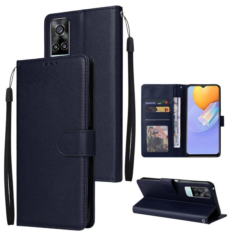 Navy leather phone wallet case with three card slots, flip cover, and wrist strap