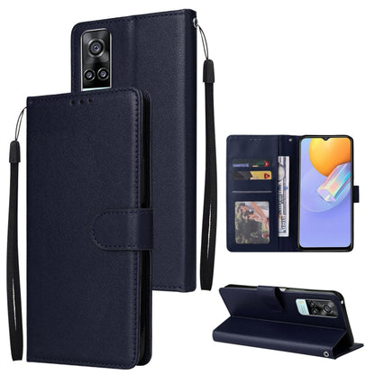 Navy leather phone wallet case with three card slots, flip cover, and wrist strap