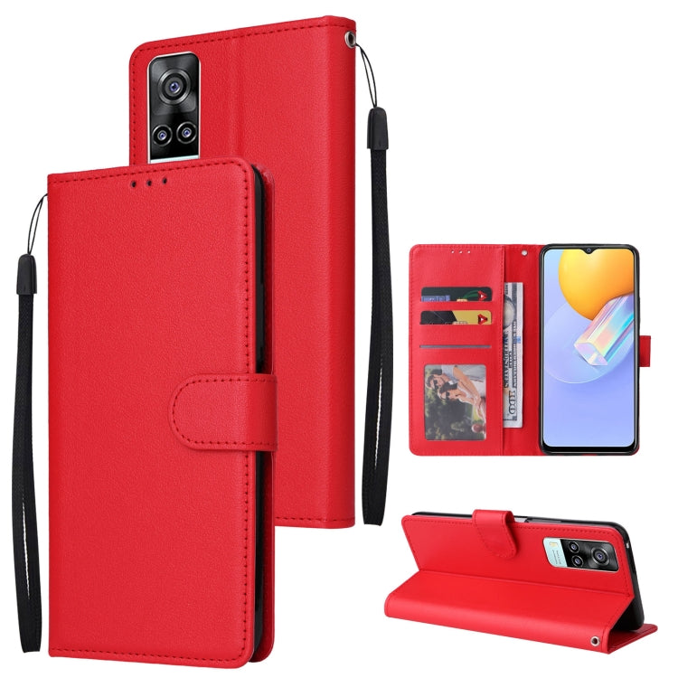 Red leather phone wallet case with three card slots, flip cover, and wrist strap
