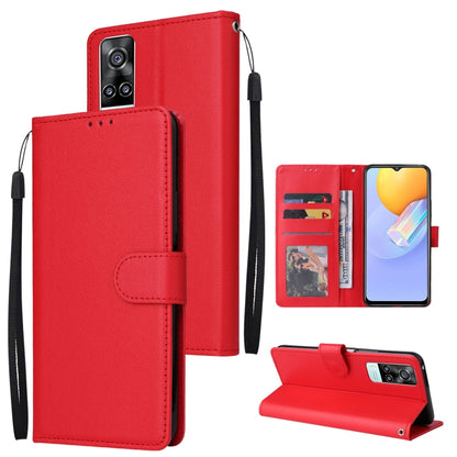 Red leather phone wallet case with three card slots, flip cover, and wrist strap