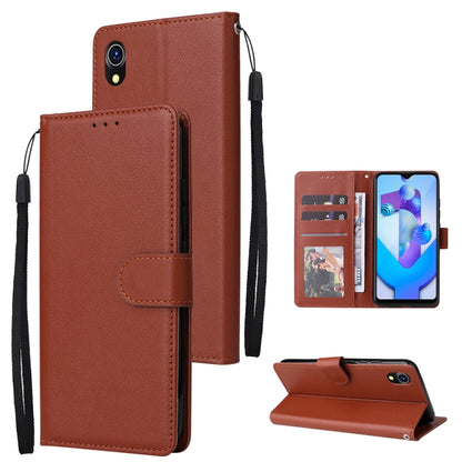 Brown leather phone wallet case with three card slots, flip cover, and wrist strap