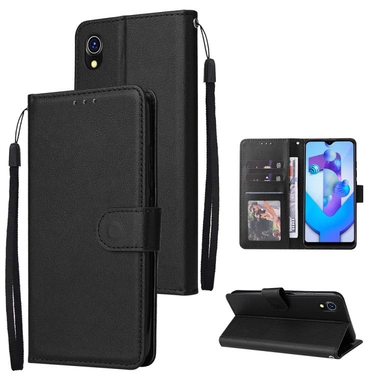 Black leather phone wallet case with three card slots, flip cover, and wrist strap