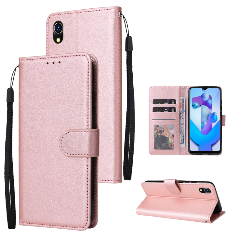 Pink leather phone wallet case with three card slots, flip cover, and wrist strap