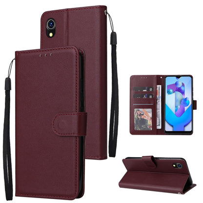 Burgundy leather phone wallet case with three card slots, flip cover, and wrist strap