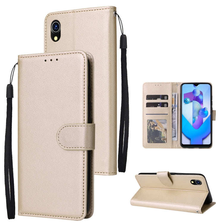 Light beige leather phone wallet case with three card slots, flip cover, and wrist strap