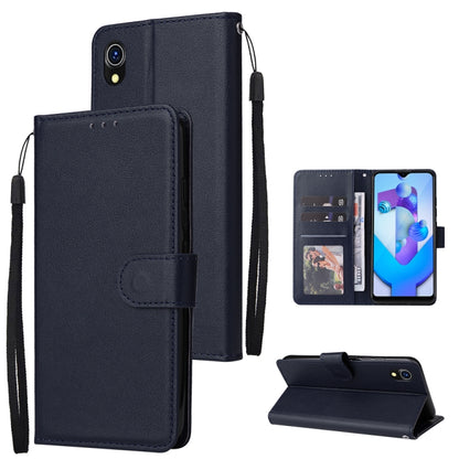 Dark navy leather phone wallet case with three card slots, flip cover, and wrist strap